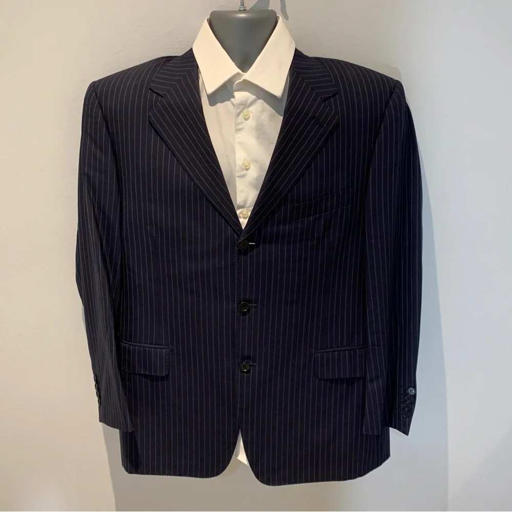 Italian Canali Mens Three Button Notched Blazer Jacket navy Pinstriped Wool Sz44